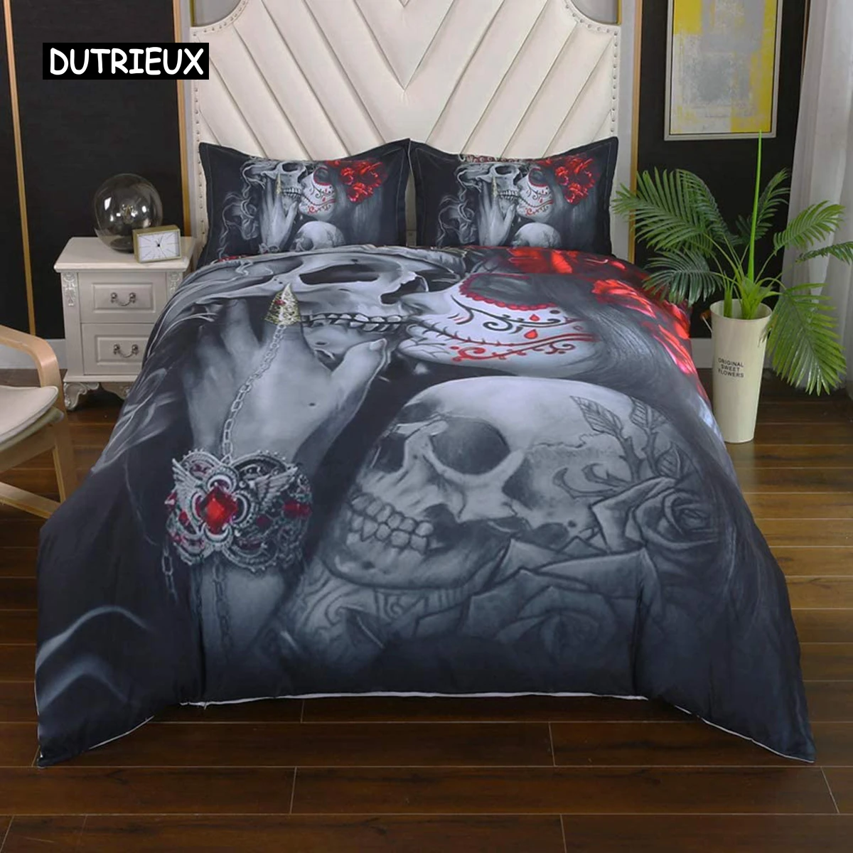 Bedding Duvet Cover Sets,3D Dead Sugar Skull Girl Kissing Skull Home Bedding Set.Included: Duvet Cover,Pillowcase