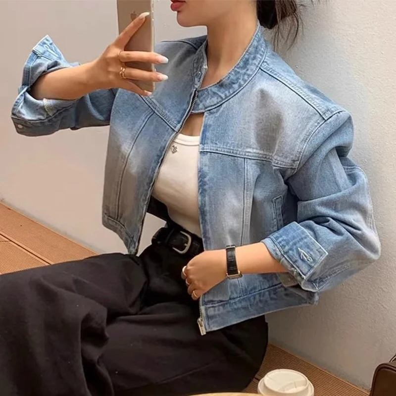 Chic Vintage Short Zipper Denim Jacket Women's Loose Long Sleeve Stand Collar Wear Resistant Versatile Autumn Outerwear