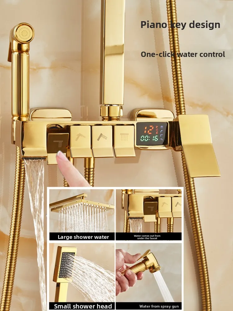 Lavatory Basin European-style Vintage Golden All-copper Thermostatic Faucet Shower Set Single Handle Wall Mount Bathroom
