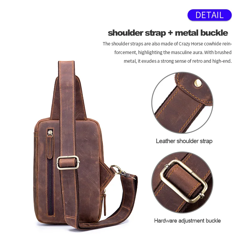 NORDEEP-Bolso de pecho clásico de cuero Crazy Horse para hombre, bandolera de cuero genuino, bolsos Retro, bolsillo con cremallera, bolso de viaje