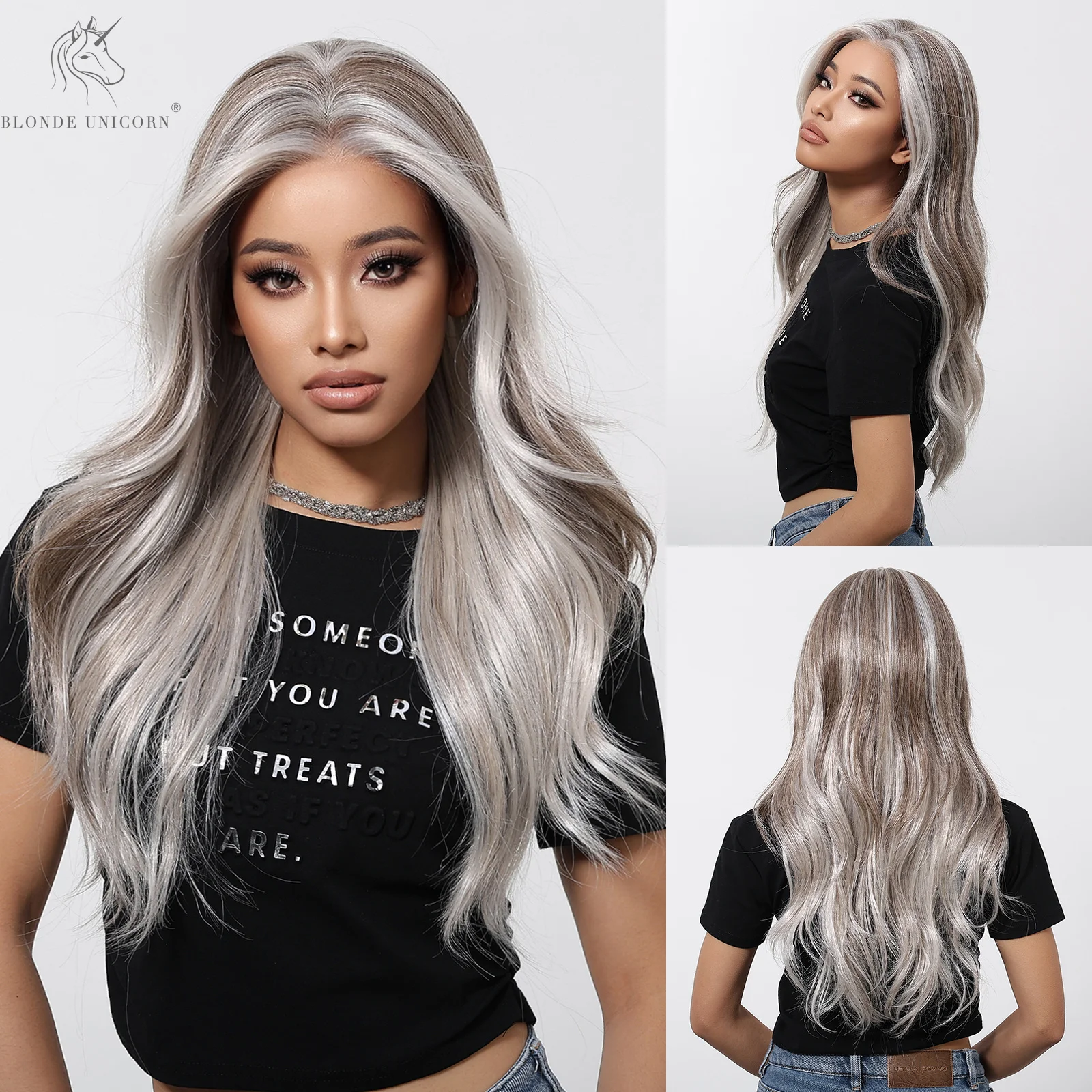 

BLONDE UNICORN Lace Wig Gray White Highlight Long Wavy Curly Women Nature Wigs Cosplay Party Daily Heat Resistant Futura Wig