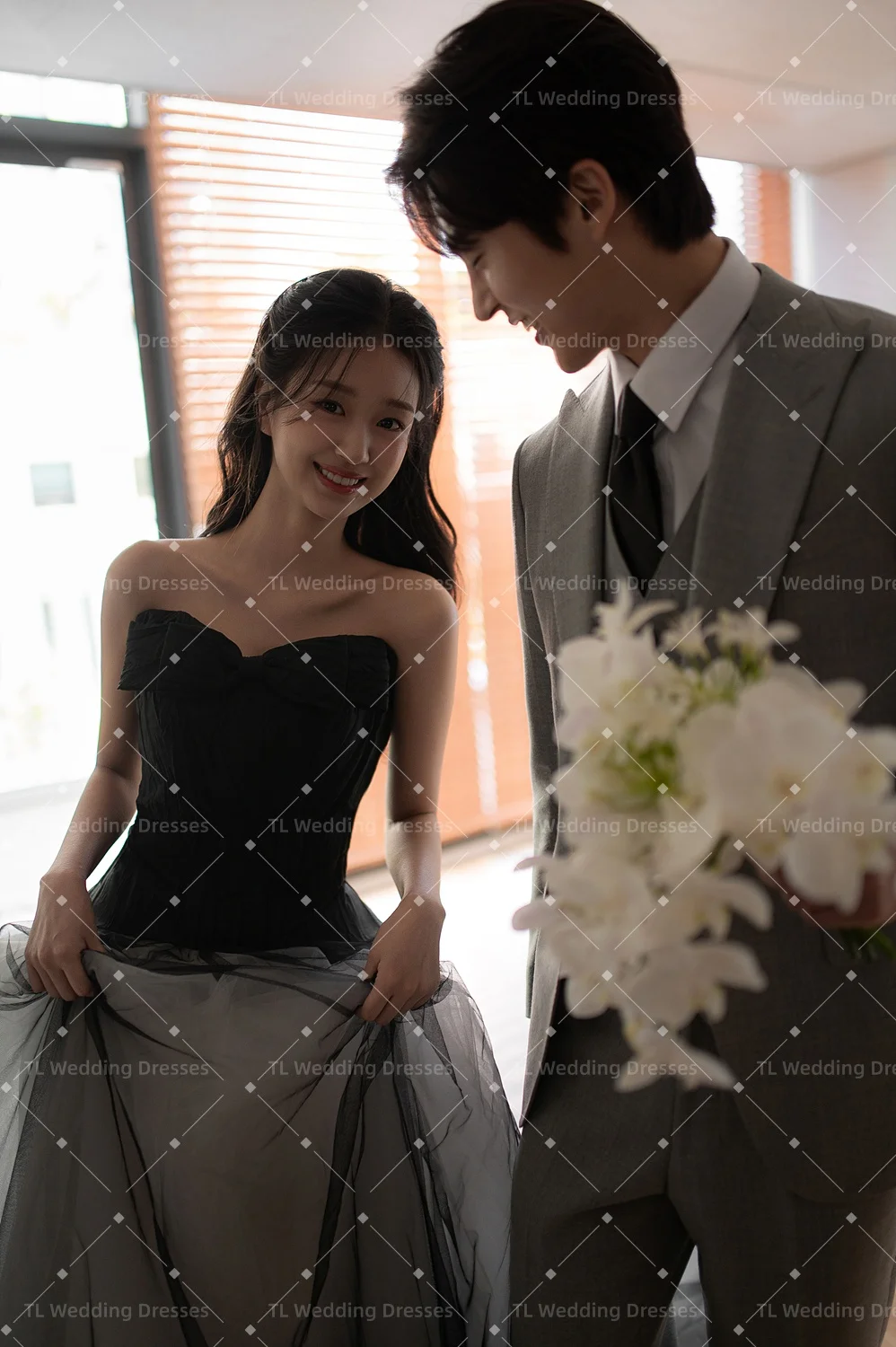 

TL Elegant Sweetheart Neck Contrasrt Color Korea Wedding Photoshoot Dress Pleats Tulle A Line Long Reception Dress Customized