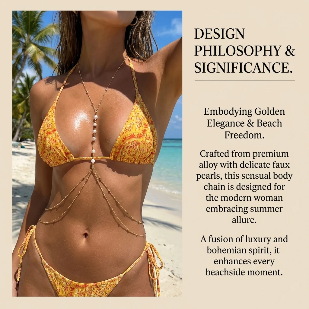 Zierliche, sexy Perlen-Brustkette mit Kunstperlen für Damen, Boho-Sommer-Strand-Bikini-Taillenkette, Körperschmuck – Detail 1