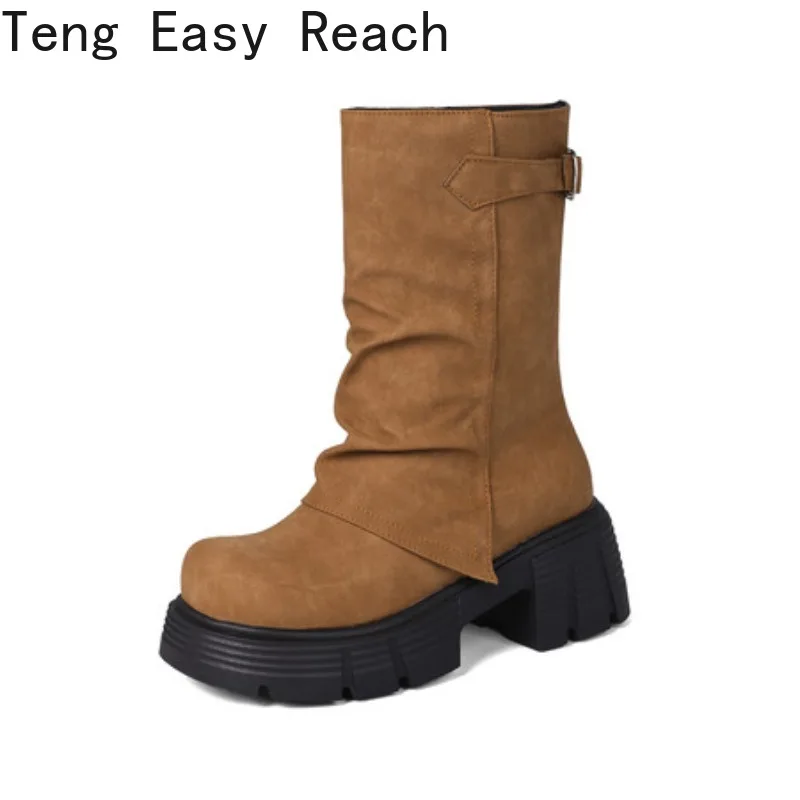 

Зимние женские модные ботинки на толстом каблуке, модные короткие ботинки со складками, двухрядная пряжка на ремне, ботильоны на толстой подошве