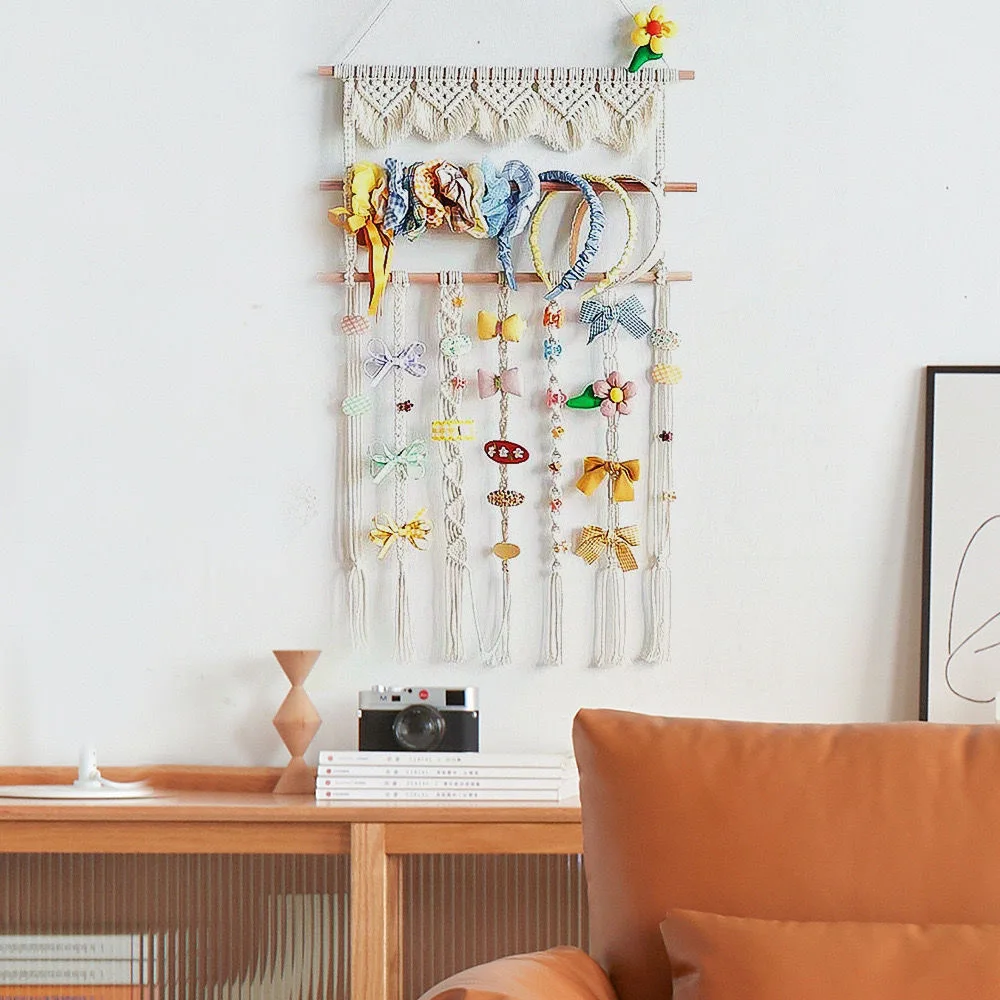 Bohemian hand-woven cotton rope tapestry room decoration ins wall hanging hair accessories hairpin storage rack
