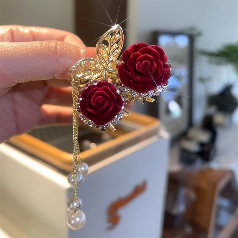 1PC Fashion Metal Rose Rhinestone Hair Clips For Women Barrettes Ponytail Clip Women'S Hair Accessories for Daily Wearing Party