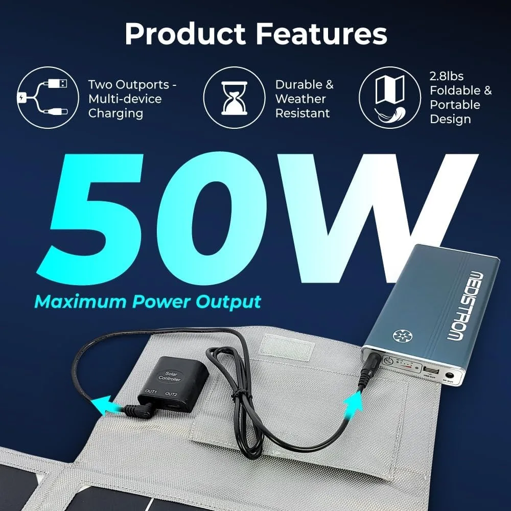 CPAP機器用コンパクト50Wソーラーチャージャー、パイロットフレックス/ライトバッテリー用折りたたみ式デザイン、信頼性の高い屋外および緊急電源