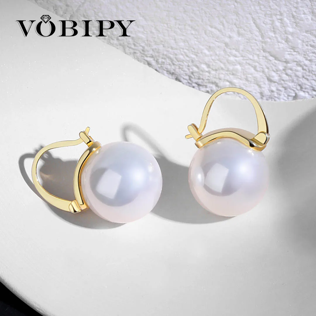 

VOBIPY 925 Sterling Silver Earring White Color Pearl Earring For Women Wedding Party Gift Fashion Jewelry 12-14mm Shell Pearl