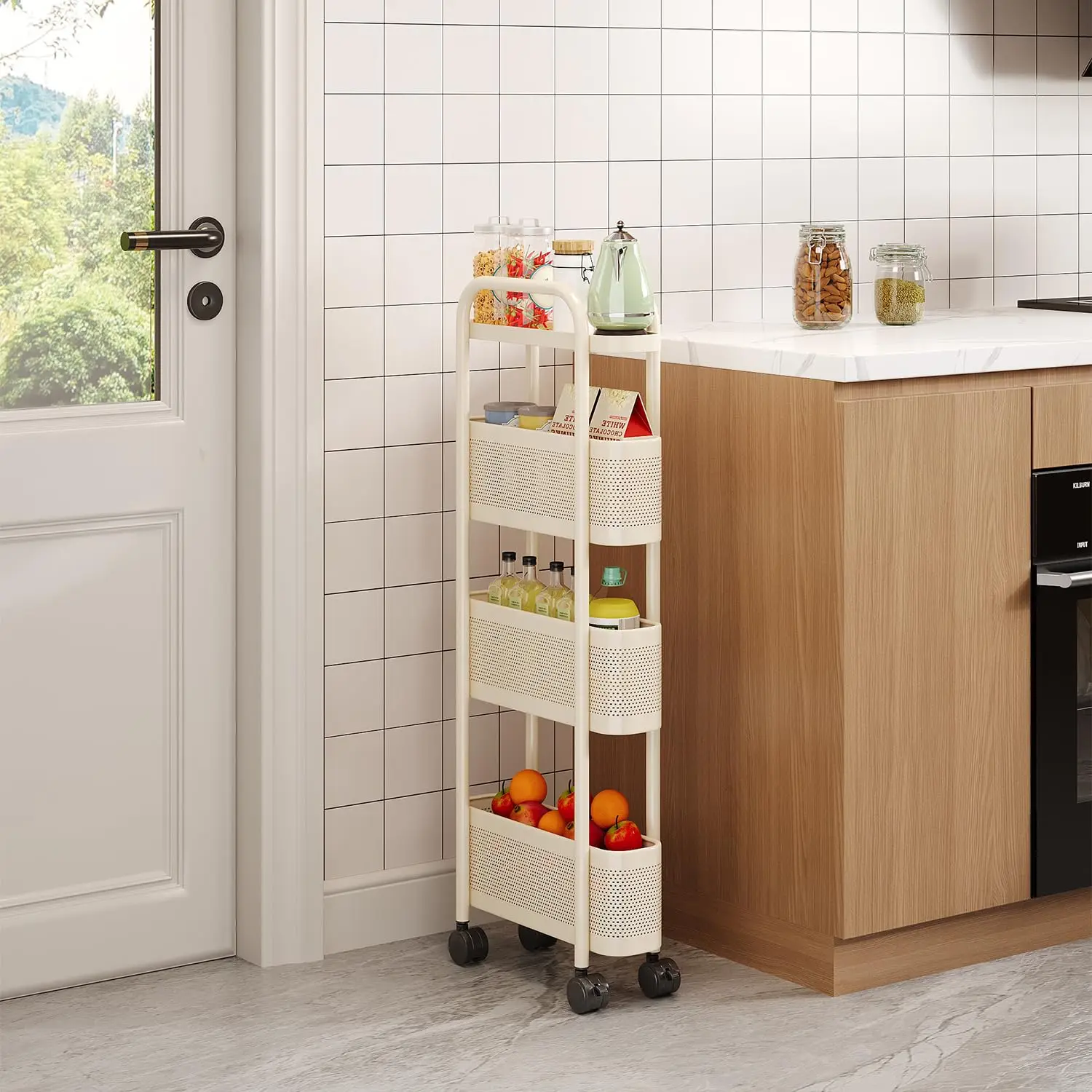 Carrello portaoggetti salvaspazio con cestini – Scaffale da cucina su ruote per il lato del frigorifero, il bagno o la dispensa – Carrello multiuso in acciaio al carbonio per ottimizzare lo spazio