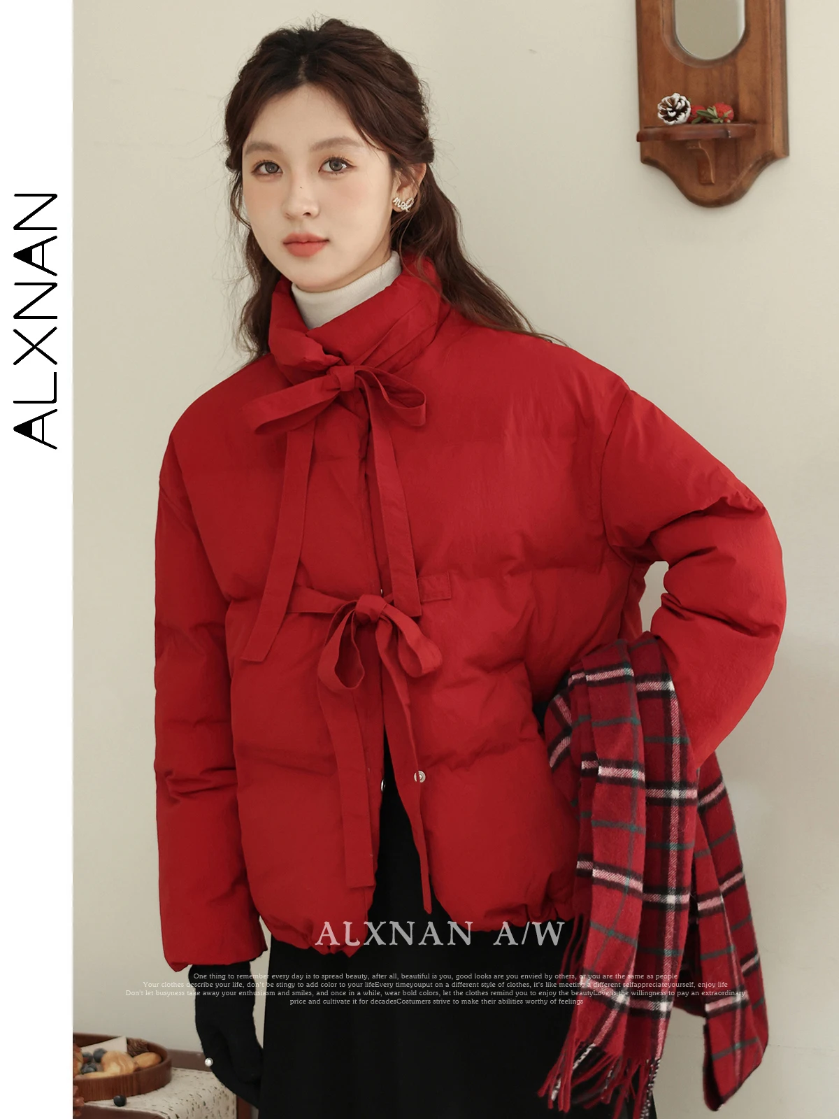 

ALXNAN Parkas for Women 2024 Winter New Stand Collar Lace-up Warm Outwear Red Fashion Office Lady Padding Jackets Tops LXN32780