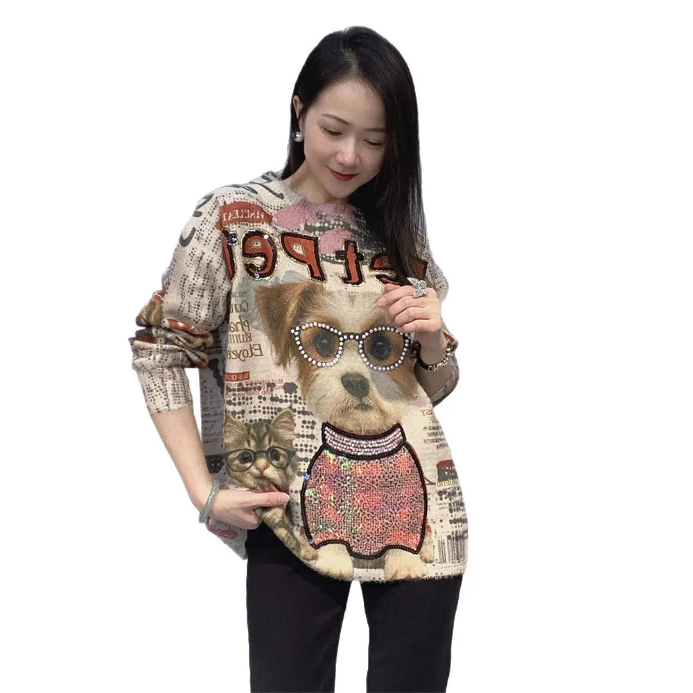 Heavy Beaded Round Neck Pullover Sweater for Women 2025 Autumn Winter New Sequins Cartoon Loose Long-sleeved Knitted Top
