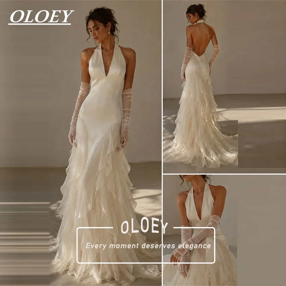OLOEY Elegant Ivory Silky Satin Chiffon Mermaid Wedding Dress Halter Deep V Neck Ruffled Flowy Bridal Gown 2027 New Customized