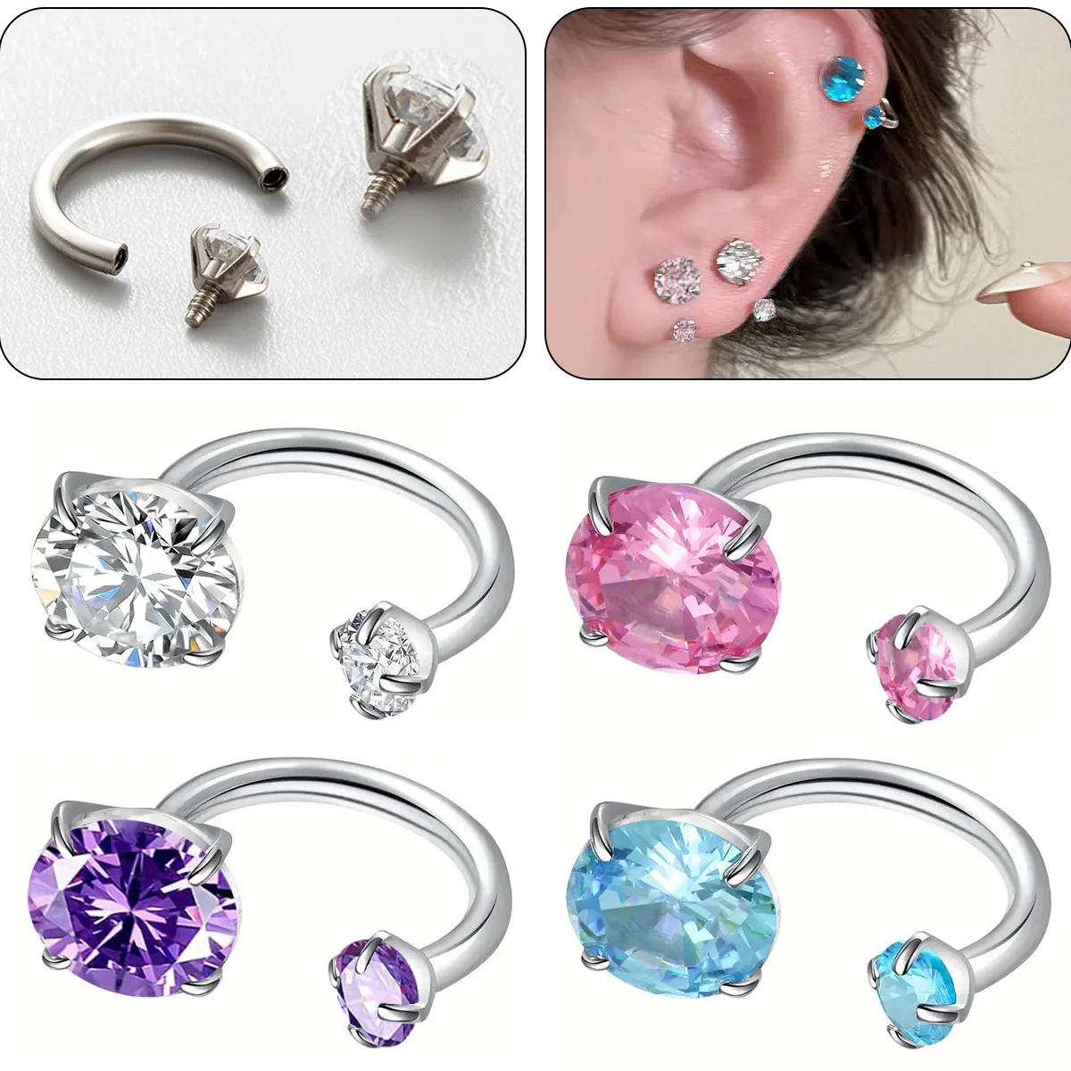 Fashion Premium Earrings Cochlear Earbone Lip Stud Internal Thread Double Head Round Zircon Horseshoe Ring Piercing Jewelry