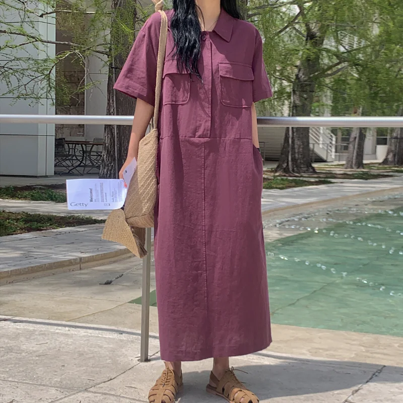 Einfaches Hemdkragen, lässiges und lockeres kurzes Kleid, Damenmode, Basic, Schwarz, Beige, kurzärmeliges Hemd, weibliches langes Kleid, Sommer