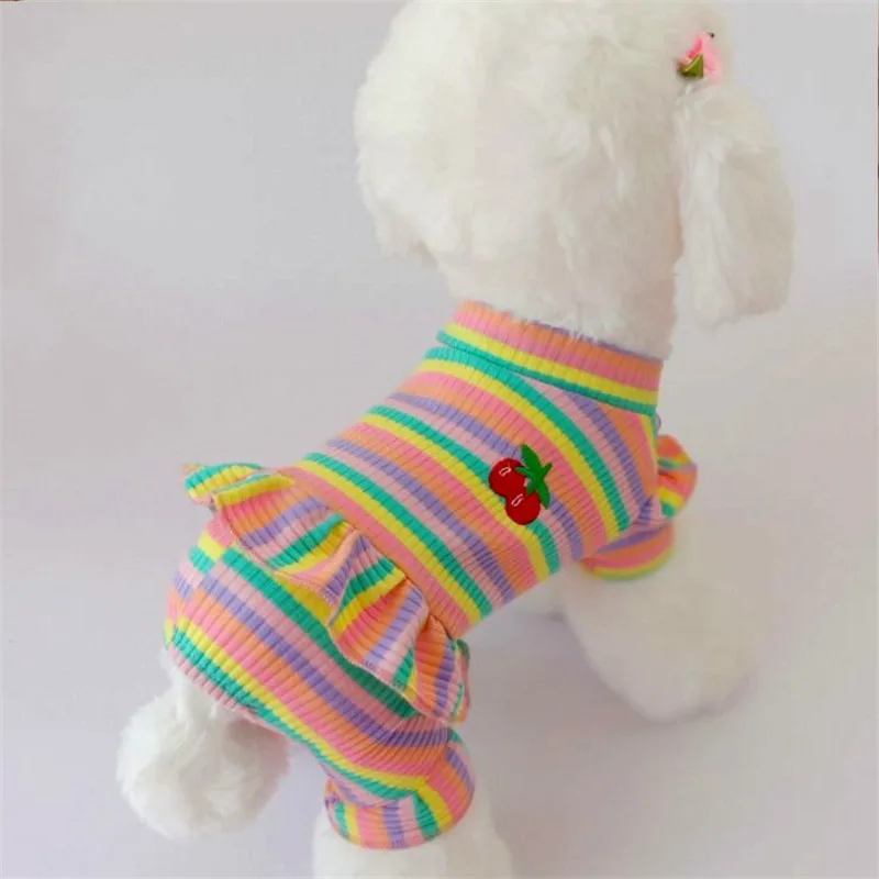 Rainbow Strip Puppy Clothes Cherry Pattern Dog Hoodies Jumpsuit Princess Pajamas For Small Medium Dogs Yorkshire Pet Cat Pyjamas