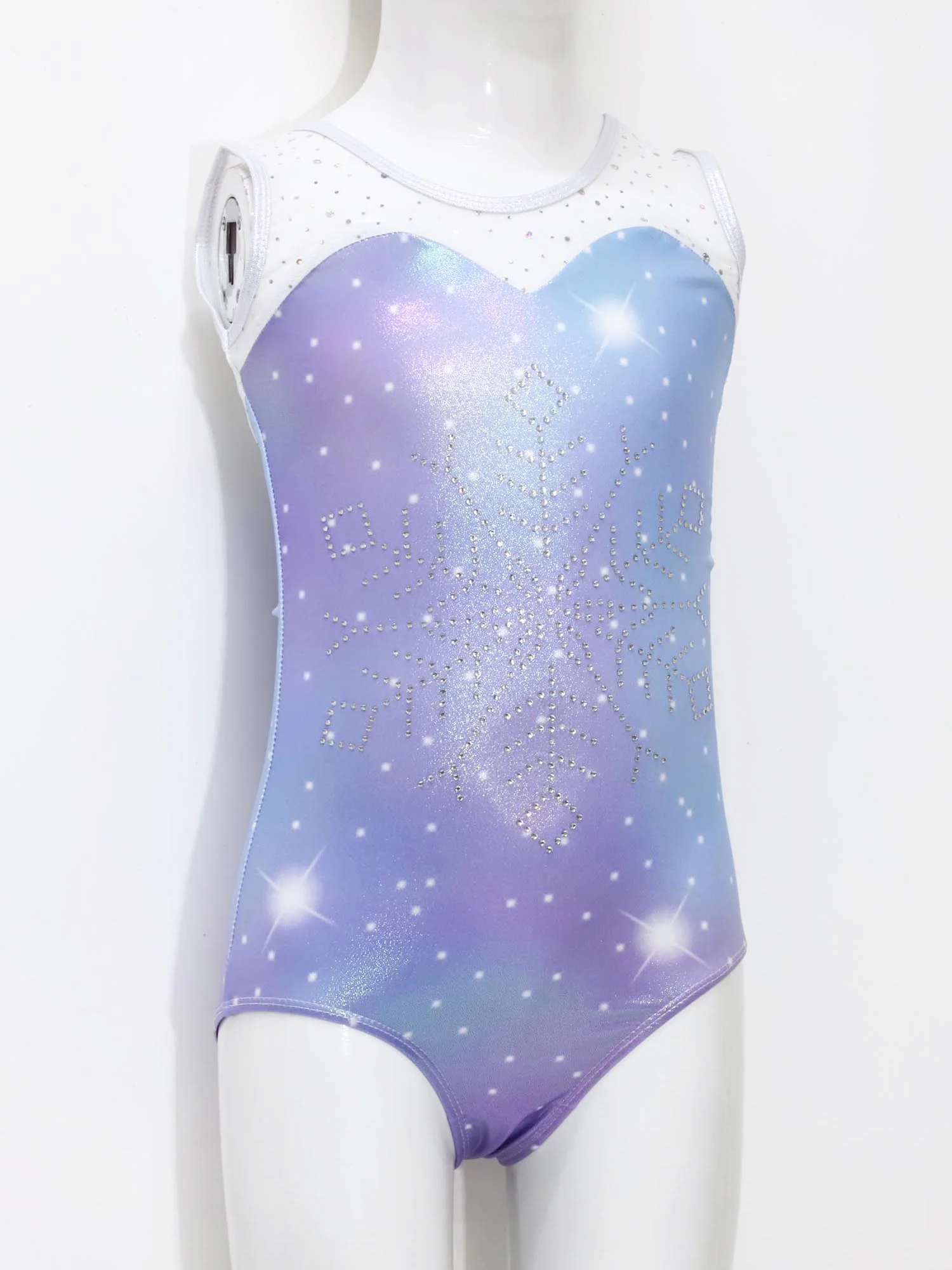 

Kids Girls Dancewear Rhinestone Snowflake Skating Gymnastics Dance Outfit Mesh Patchwork Metallic Ballet Tutu Leotard with Shots
