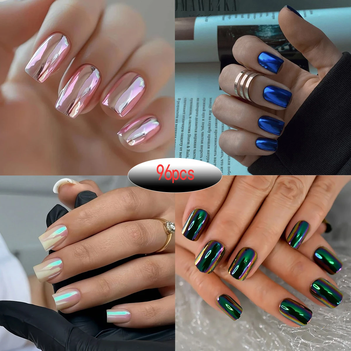 Mejora el estilo de su uñas, 4 tipos de 96/24 piezas, uñas prensadas cromadas rosas, amarillas claras, verdes y azules, cortas, medianas y cuadradas