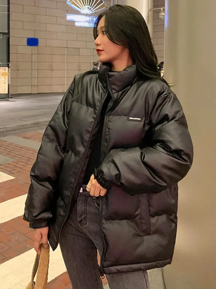 Imagem -04 - Zoki-parkas de Couro Grosso Feminino Cabolsas Inchados Pretos Algodão Quente para Baixo Jaqueta Chique com Zíper Streetwear Feminino Moda Y2k Inverno