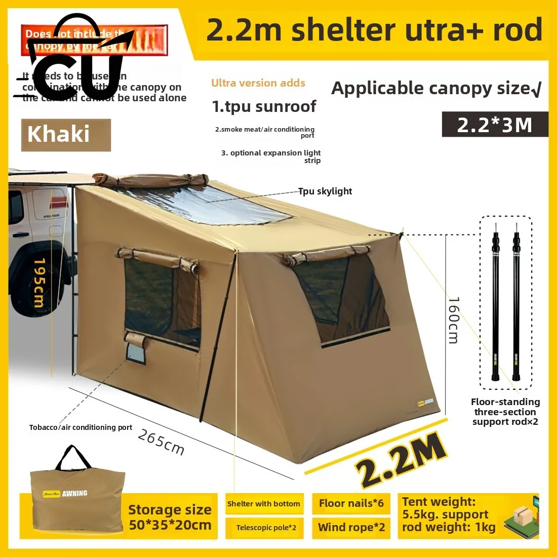 Outdoor Side Tent Expansion Accessories Shelter Plus Canopy Tent Car Side Tent Roof Rainproof Shade