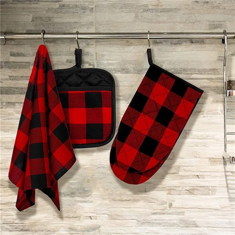 

Black and White Checkered Insulated Gloves and Kitchen Cotton Towel Set Oven Mitt and Pot Holder for Baking BBQ Grilling