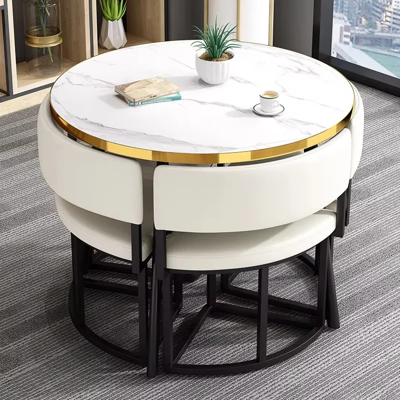 -+Modern Round Dining Table Set Space-Saving South American Style Carbon Steel Chair For Home Bedroom Living Room Or Restaurant
