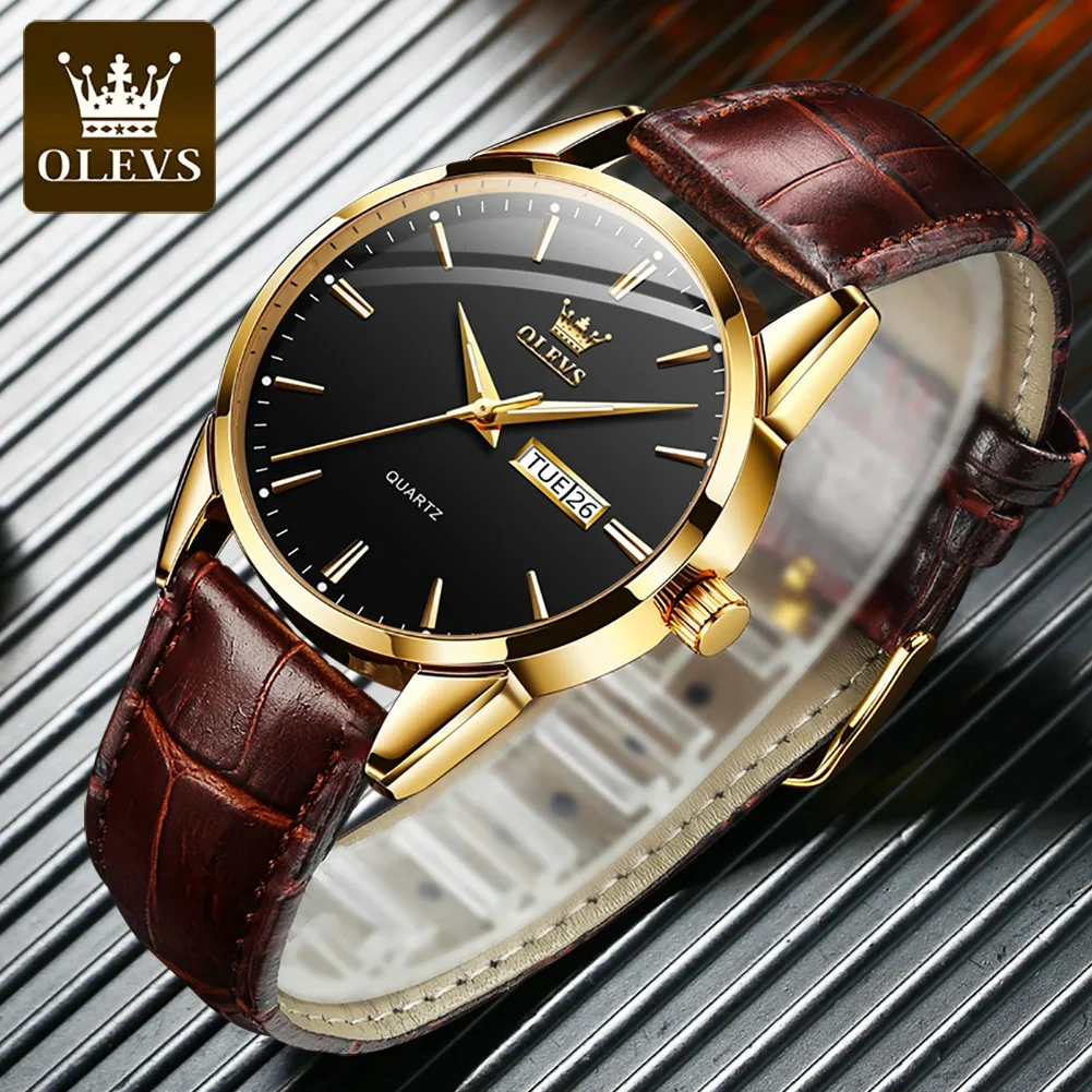 OLEVS 6898 Quartz Waterproof Watches For Men, High quality Exquisite Genuine Leather Strap Business Men Wristwatches Calendar