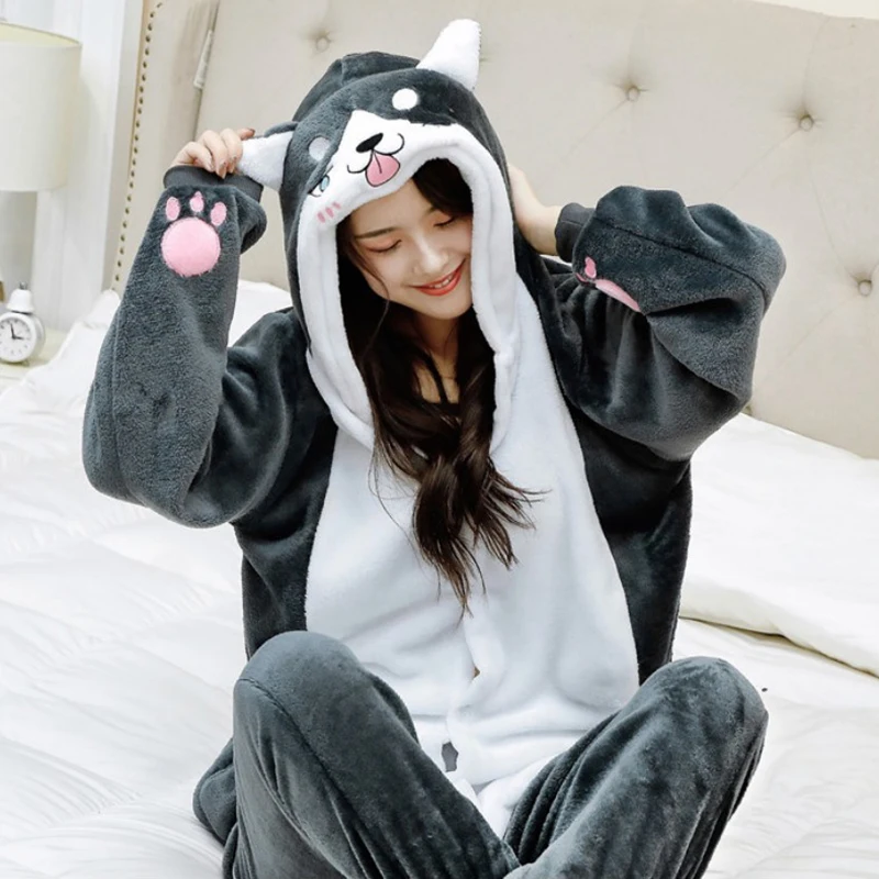 Unisex Dier Husky Kostuum Hond Onesie Pyjama Anime Capuchon Halloween Cosplay Pak Kerst Warme Zachte Pluche Nachtkleding Uit Één Stuk