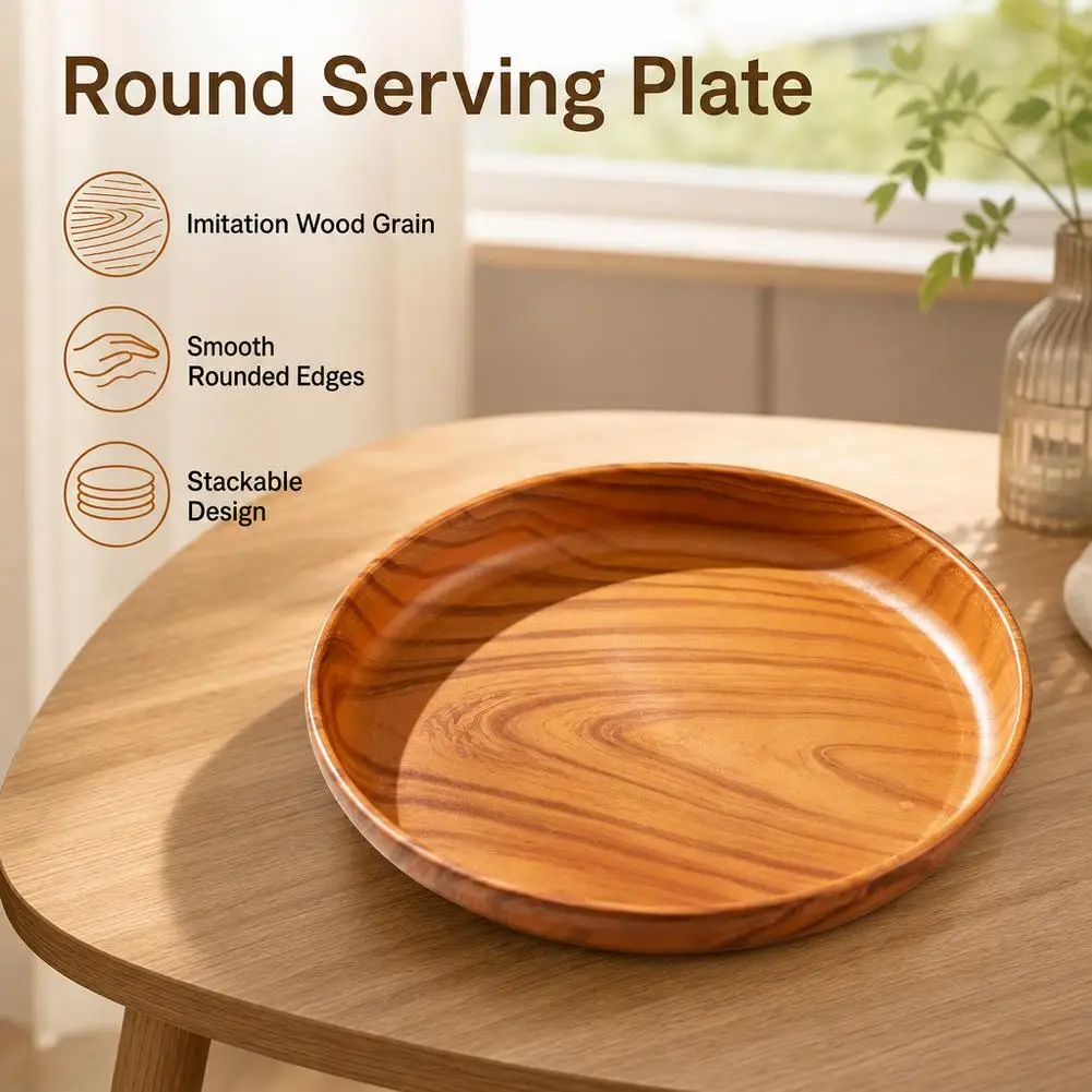 1Pcs New 20/26/32cm Imitation Wooden Tray Handmade Round Water Cup Tray Plastic Dishes Plate Home Use