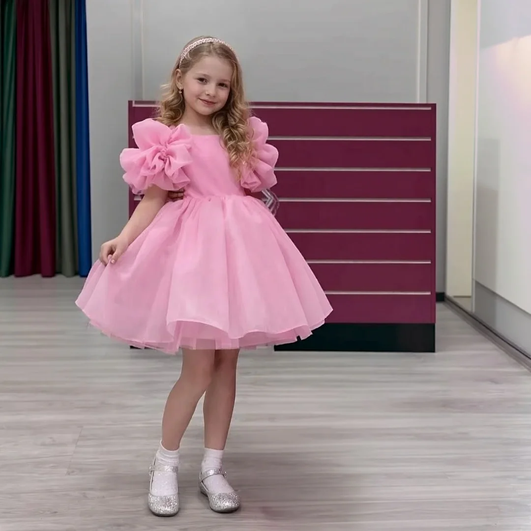 Custom Luxury Dress Female Wedding Guest Gown Girls Puff Sleeve Big Bow Short Tulle Gown Luxurious Birthday Outfit For Pageant