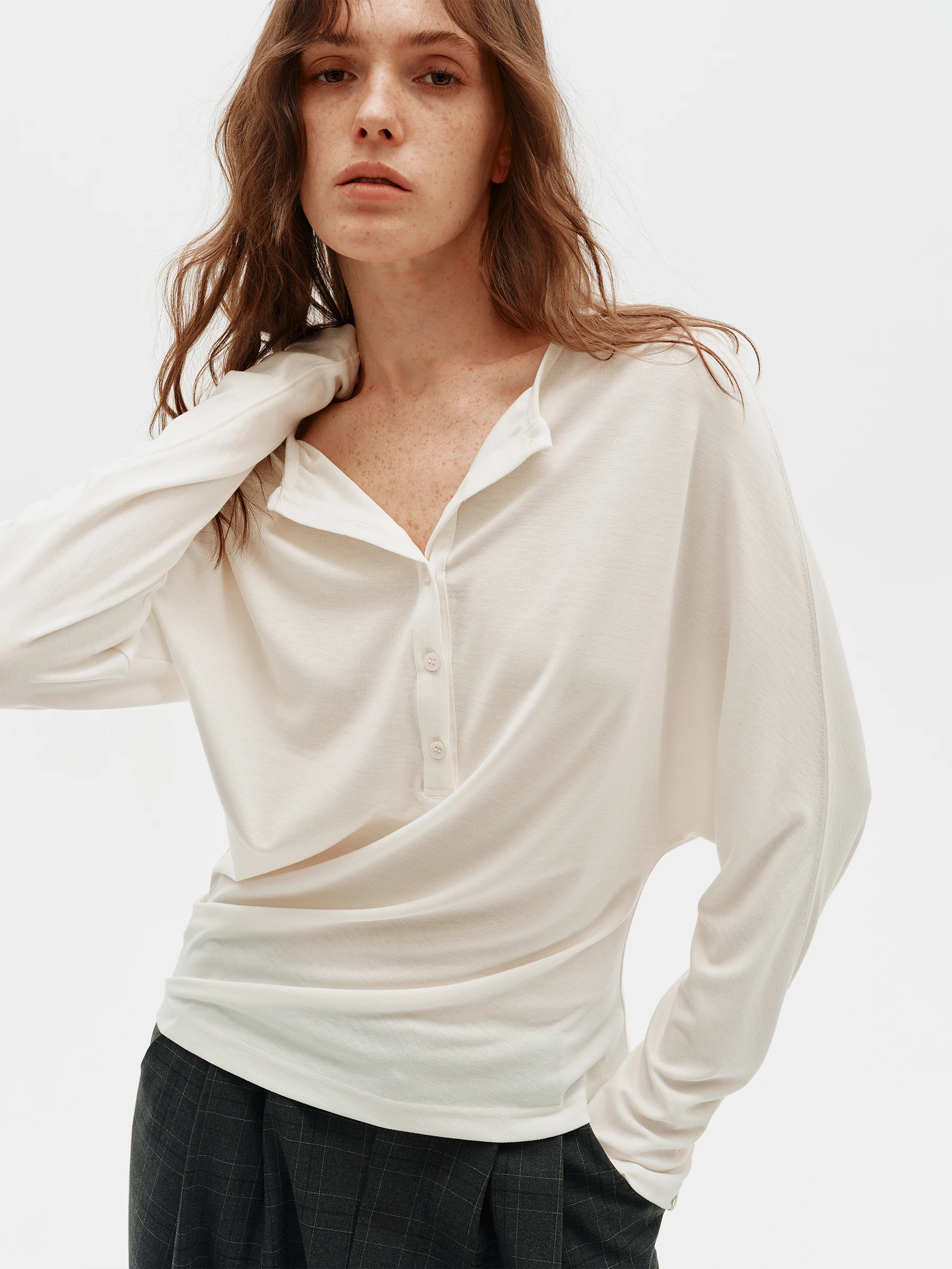 

3RD RAINY DATE Mixed Fiber Long Sve T-irt Henry Collar Asymmetric Batwing Sve Commute Sle Women's Faion Top