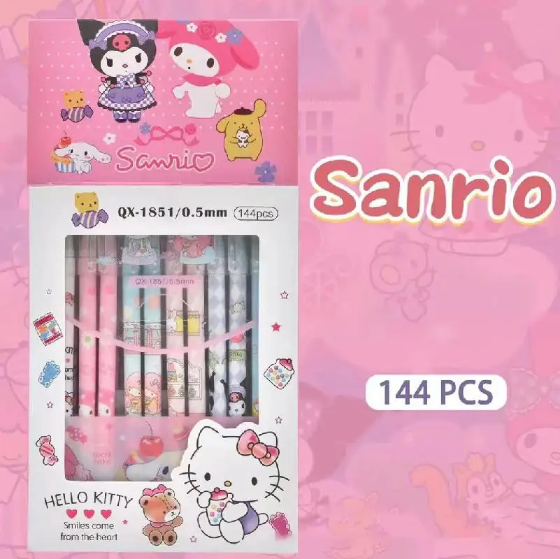 144pcs Sanrio Cartoon Push Neutral Pen Sanleo Row Pile Press Water Pen Primary And Middle School Student Writing And Signing Pen