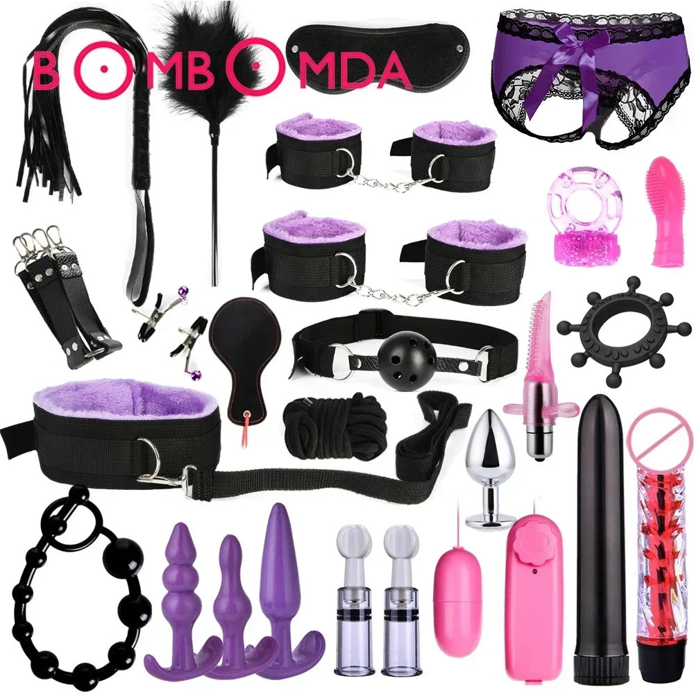 

BDSM Kits Adults Sex Toys For Women Men Handcuffs Nipple Clamps Whip Spanking Sex Metal Anal Plug Vibrator Butt Bdsm Bondage Set