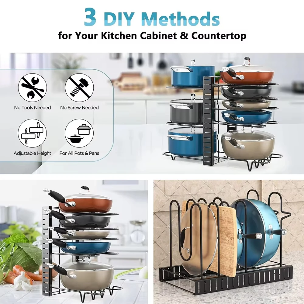 8 Tier Pot and Pan Organizer Rack for Cabinet With 3 DIY Methods, Adjustable Organizer for Pots, Pans and Lids