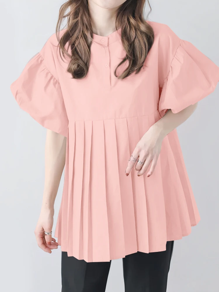 

ZANZEA Women Elegant Short Lantern Sleeve Blouse Summer Solid Pleated Tunic Tops Fashion OL Work Blusas Casual Loose Chemise
