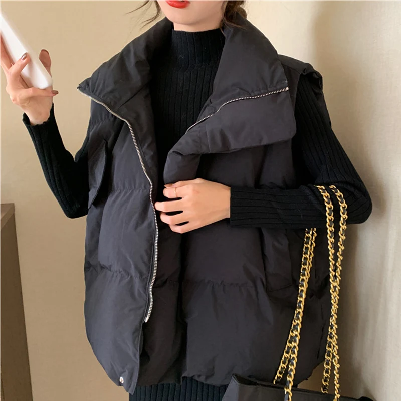 

Шикарный черный хлопковый жилет без рукавов, женский осенне-зимний свободный хлопковый жилет с воротником-стойкой, женская теплая верхняя одежда на молнии