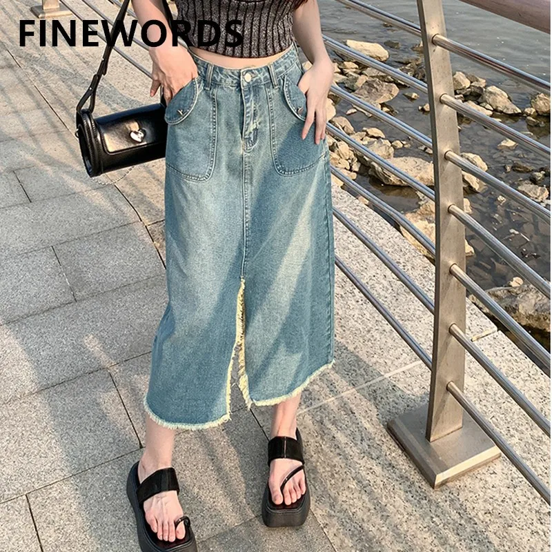 

FINEWORDS Summer Vintage Casual Front Split Long Denim Skirts Women Streetwear High Waist Korean Jeans Skirts With Two Pocket