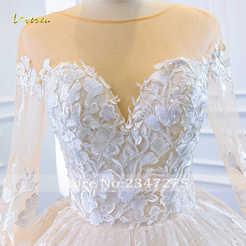 Loverxu-vestidos de noiva princesa, vestido de baile com o pescoço, manga comprida, apliques lindos, túnica de lantejoulas, 2024