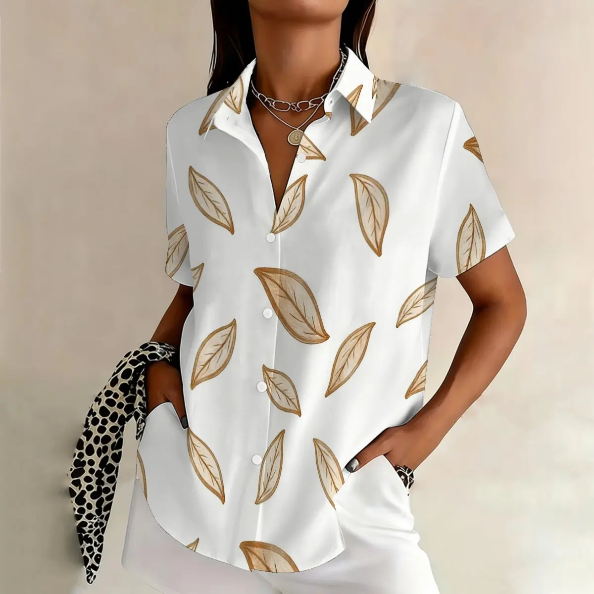 

Simple and personalized leaf print summer women's plus size lapel short sleeved shirt fashionable daily versatile casual top