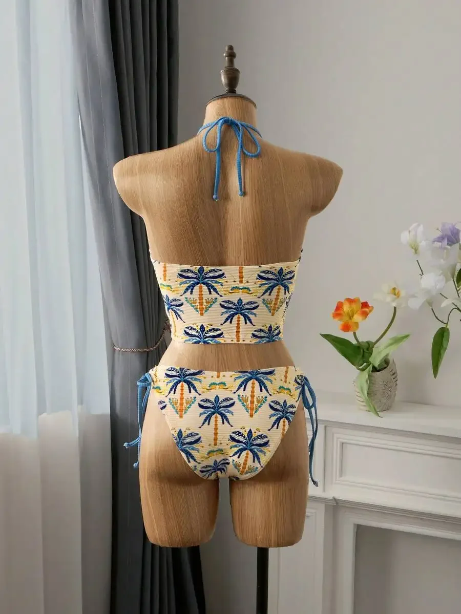 

Cream Yellow Palm And Floral Pattern Halter Bikini With Blue Tie-Back Top And Adjustable Side-Tie Bottoms, Boho Summer Two-Piece