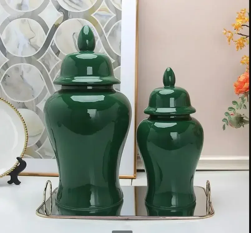 Green Ceramic Jar Storage Tank Decoration Crafts Flower Arrangement Flower Vase Storage Rack Decorative Jar Storage Ornament