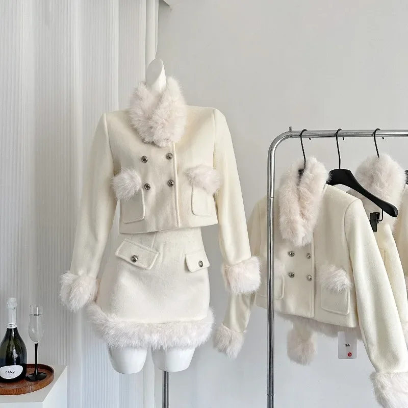 

Korean Fashion Fall and Winter Women Two Piece Sets Fur Collar Double Breasted Long Sleeve Jacket + High Waist A Line Mini Skirt