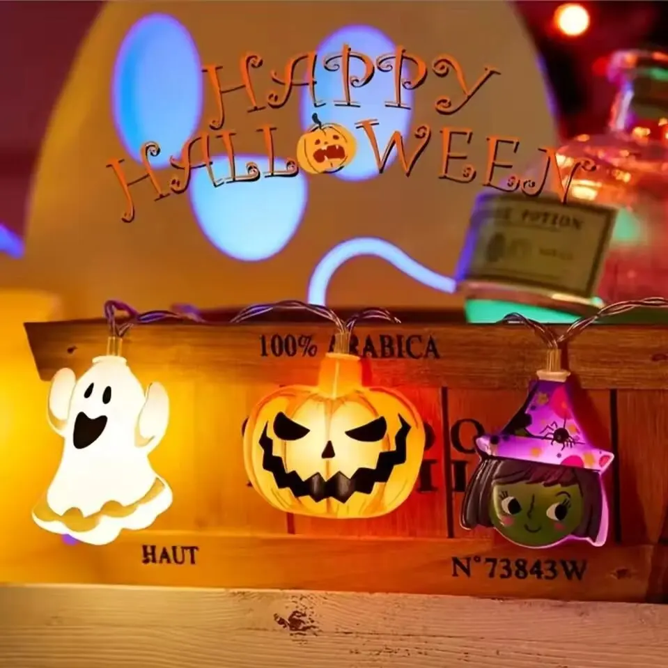 Indoor Halloween LED String Lights Battery Powered Decoration Lamp With Ghost Witch Cat Pumpkin Spider Web Skeleton Mummy Pirate