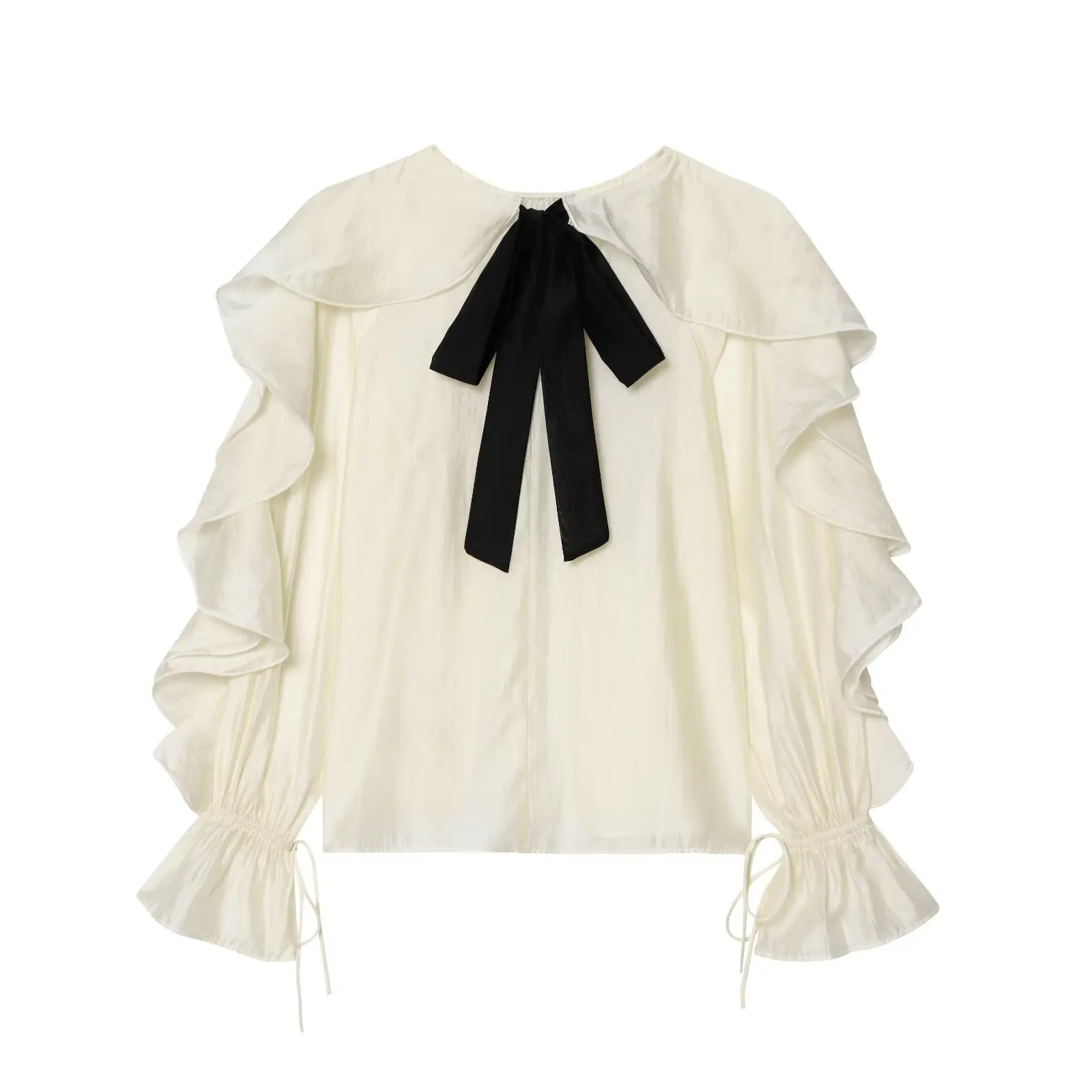 

Topenomi Temperament Bow Ribbon Ruffle Shirts Women 2025 Autumn Sweet Loose Transparent Long Sleeve Blouses Fashion Casual Tops