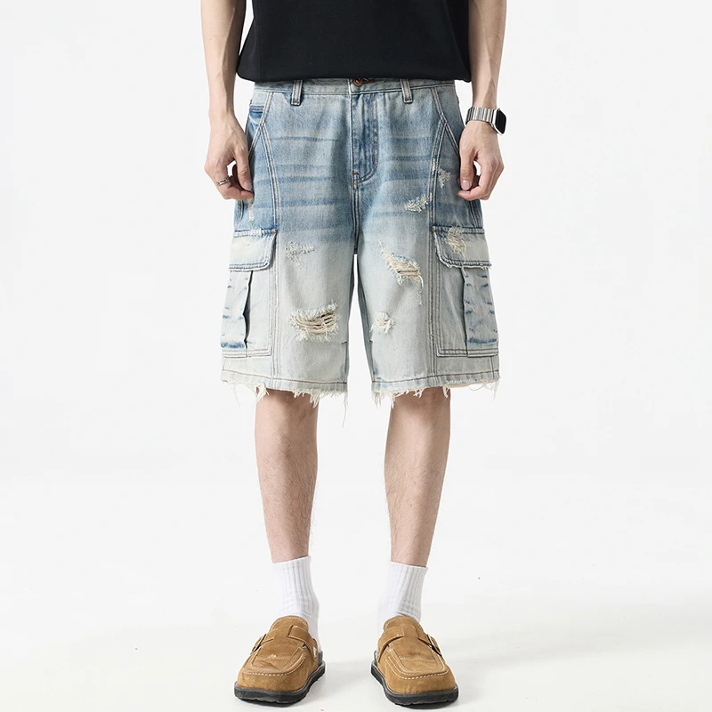 

Men's Ripped Denim Shorts Wide Leg Summer Shorts Loose Fit Knee-length Pants Multi-pocket Gradient Vintage Washed Shorts For Men