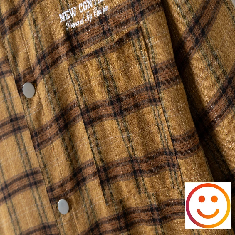 Autumn Trendy Fashion Embroidery Letter Pockets Plaid Shirt Men Women Loose Brushed Clothing Stripe Plaid Retro Casual Shirt Top