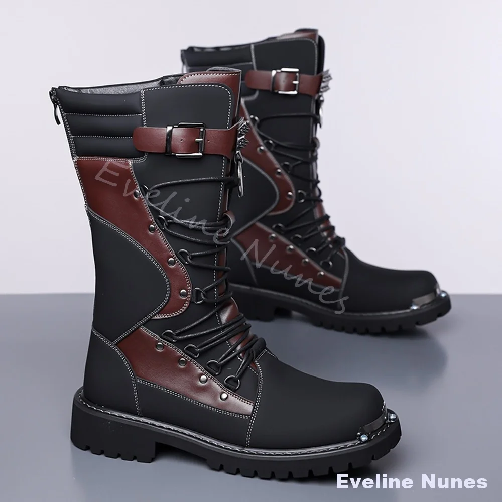 Men Black Brown Color Block Biker Boots Metal Toe Cap Rivet Buckle Strap Mid Calf Punk Combat Boots Thick Gothic Motorcycle Boot