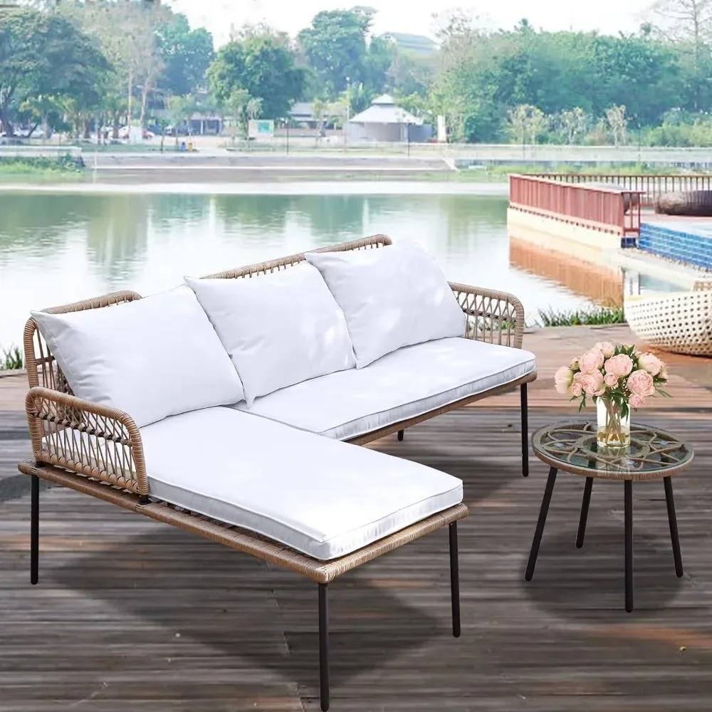 

3 Pieces Patio Furniture Set, L-Shaped Outdoor Chaise Lounge Wicker Rope Boho Patio Bistro Set for Balcony,Poolside,Porch, White