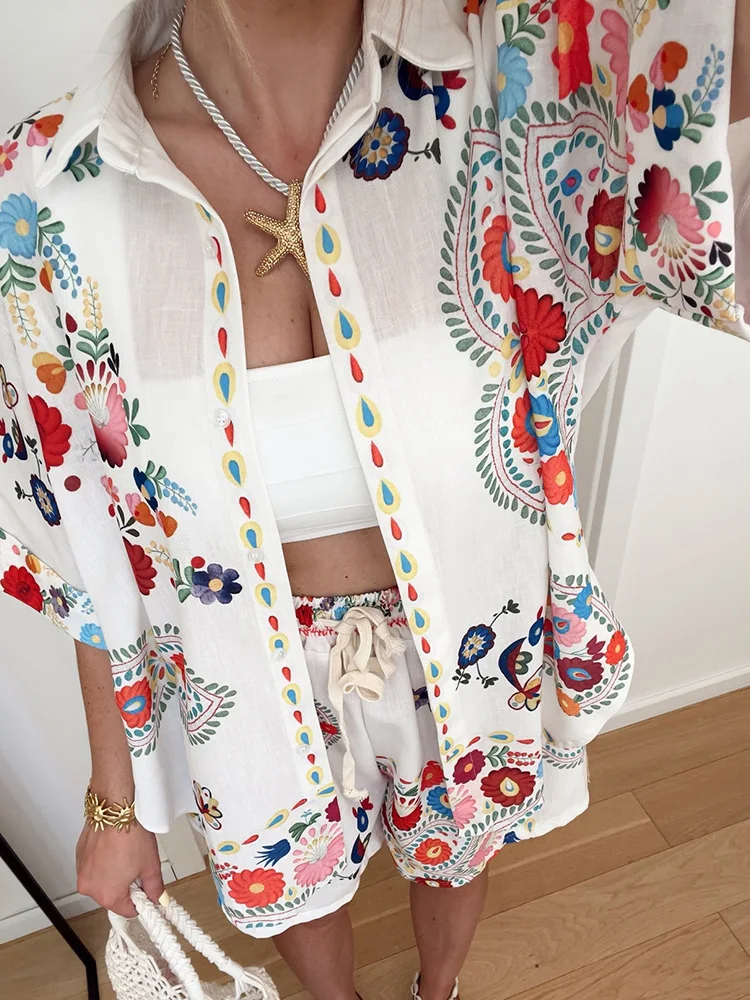 여성 가디건 탑 반바지 투피스 세트, 여름 휴가 패션 반팔 시크 의상, 2025 프린트 밴딩 여성 정장