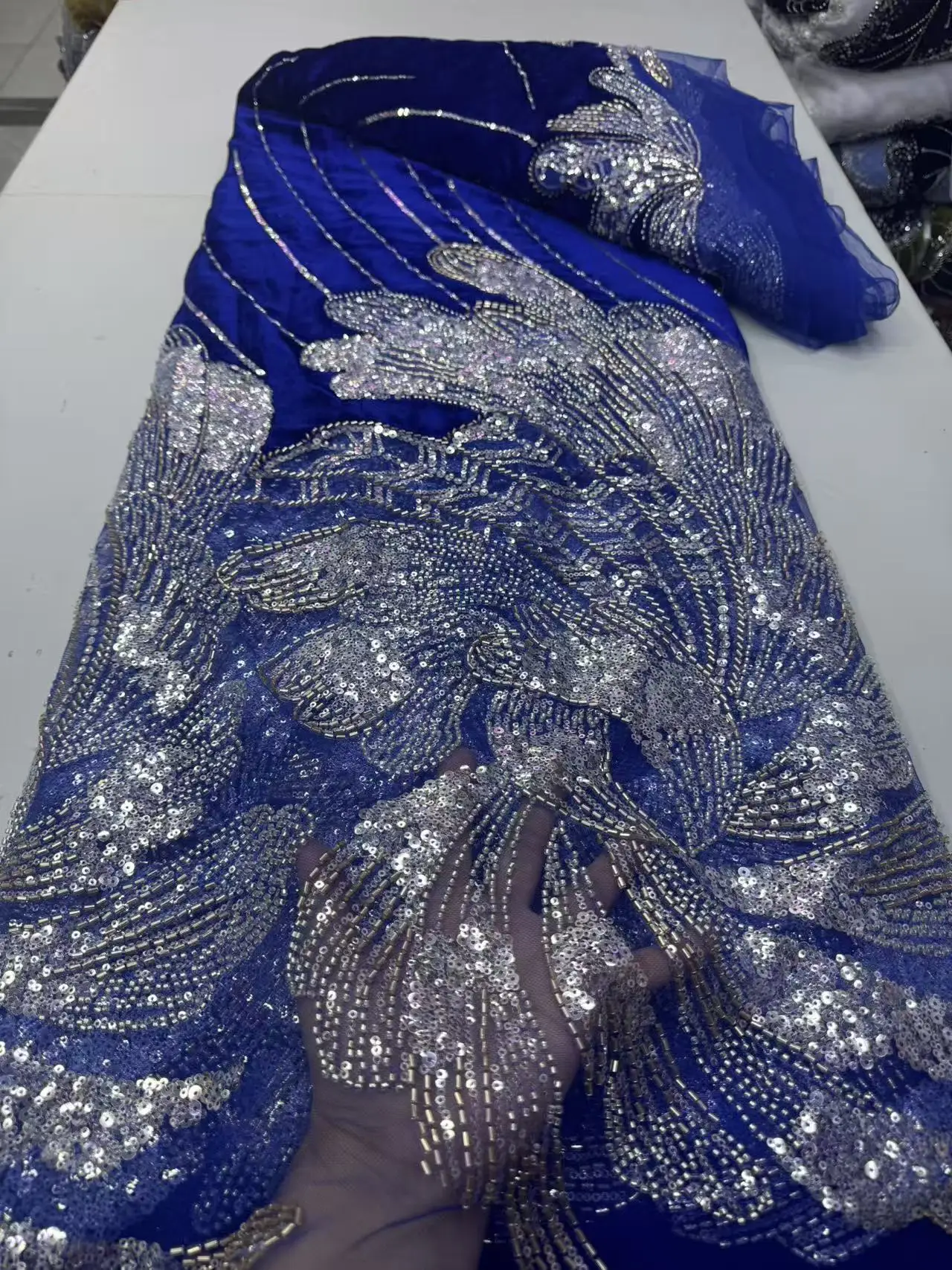 African Sty High Quality Velvet Embroidered Lace Fabric with Beads 2026 French Mesh Net Tulle Sequins for Wedding Dresses M652-1 view 4