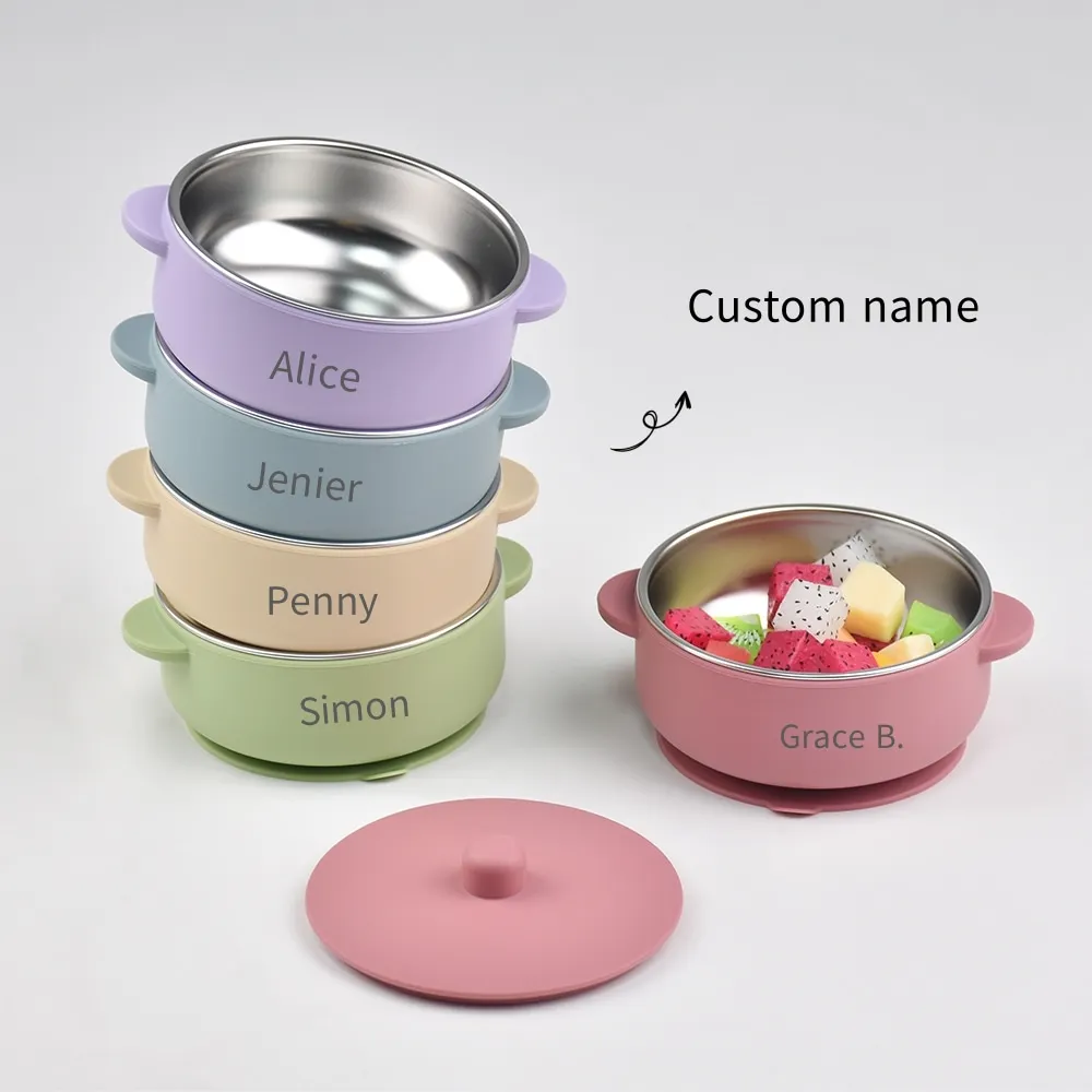 300ml Personalized Baby Training Bowl with Lid, 300ML 2-in-1 Stainless Steel & Silicone Feeding Set, Unbreakable Weaning Bowl
